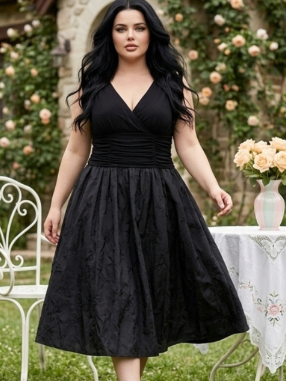 SL Fashions Black V-Neck Ruched Waist Midi Dress